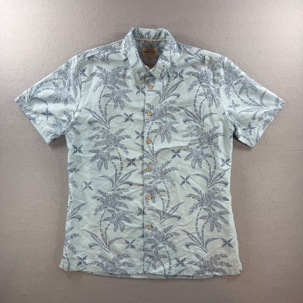 Quiksilver Waterman Shirt Men Medium Blue Button Up Short Sleeve Tropical Aloha